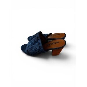 Madeline Girl Heeled Mules 8M Navy Blue Laser Cut‎ Boho Block Heel Slides